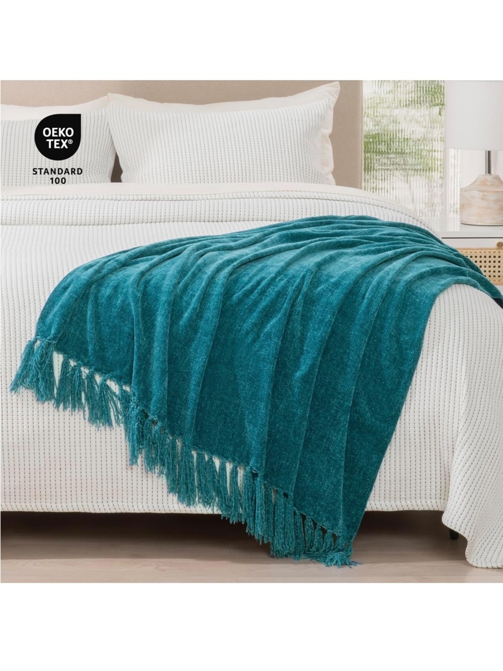 Plush Teal Chenille Throw with Decorative Fringe - Picture 2 of 6